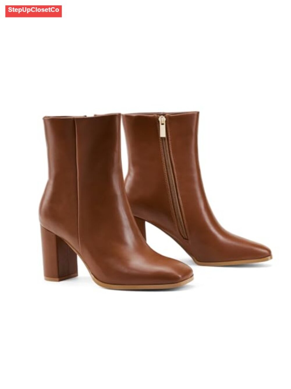 Women's Ankle Boots Square Toe Chunky Block Heel Side Zipper Faux Leather